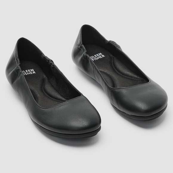 Eileen Fisher Shoes - Eileen Fisher Fosse Leather Ballet Flats Black Slip On Round Toe Women Size 7.5